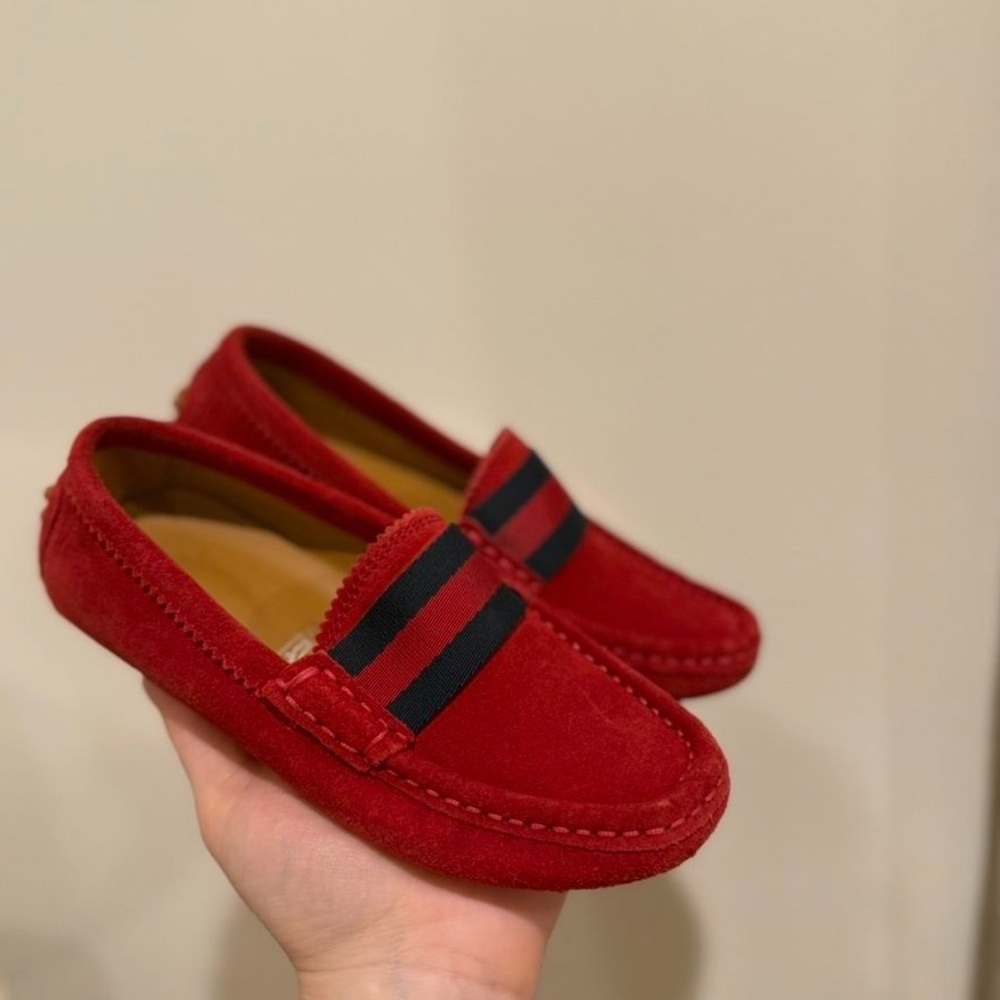 Gucci Red Kids Moccasins with Black Stripes